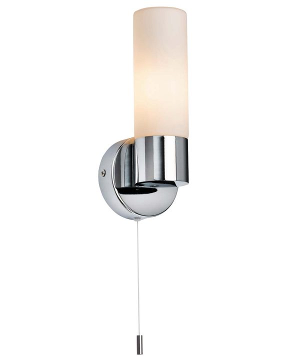 Pure single switched bathroom wall light in polished chrome on white background lit