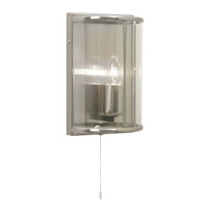 Fern small antique chrome switched carriage wall lamp, shown lit on a white background.