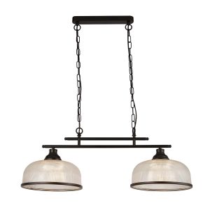 Highworth 2 light bar pendant in matt black with Holophane glass shades on white background lit