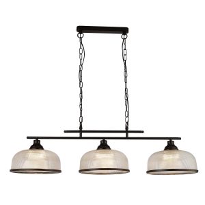 Highworth 3 light bar pendant in matt black with Holophane glass shades on white background lit