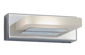 Modern LED 1 light wall light in polished chrome frosted shade