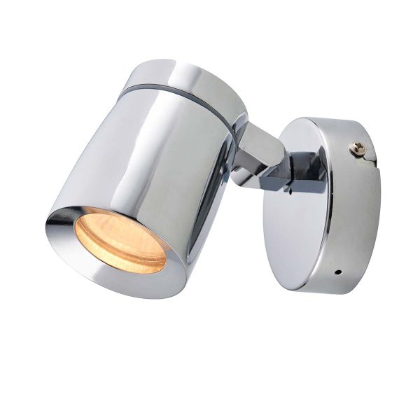 Knight single adjustable bathroom spot light in polished chrome, wall mounted on white background