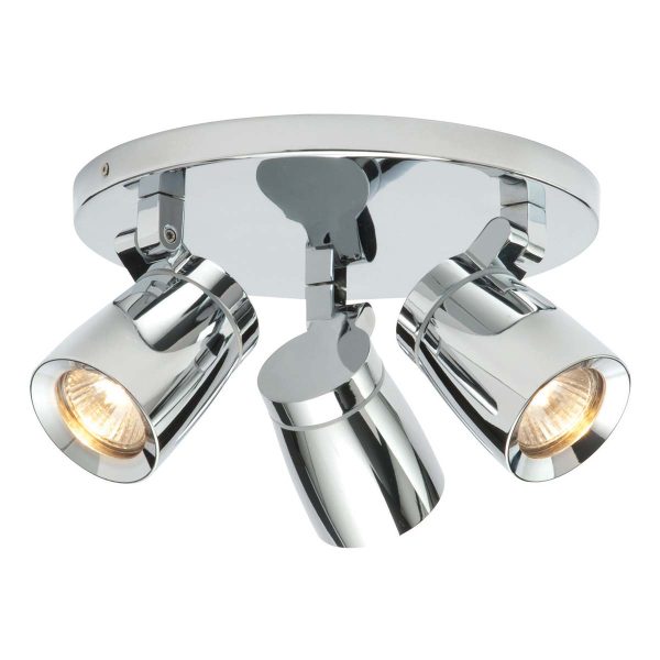 Knight 3 light bathroom ceiling spot light plate in polished chrome on white background lit