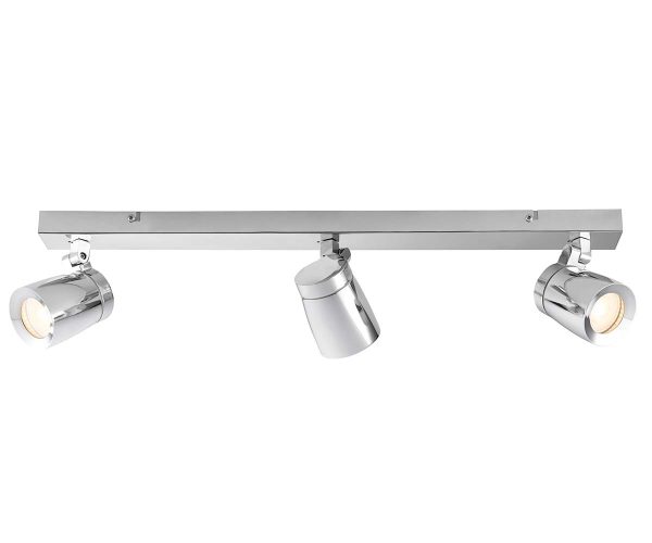 Knight 3 light bathroom ceiling spot light bar in polished chrome on white background lit