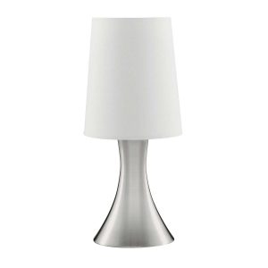 Touch table lamp in satin silver with white cylinder shade on white background