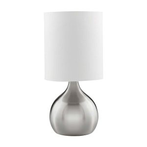 Touch table lamp with satin silver vase base and white shade on white background