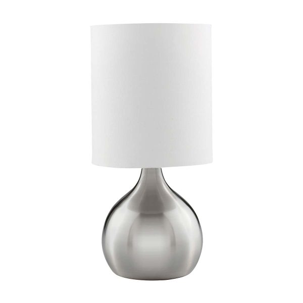 Touch table lamp with satin silver vase base and white shade on white background