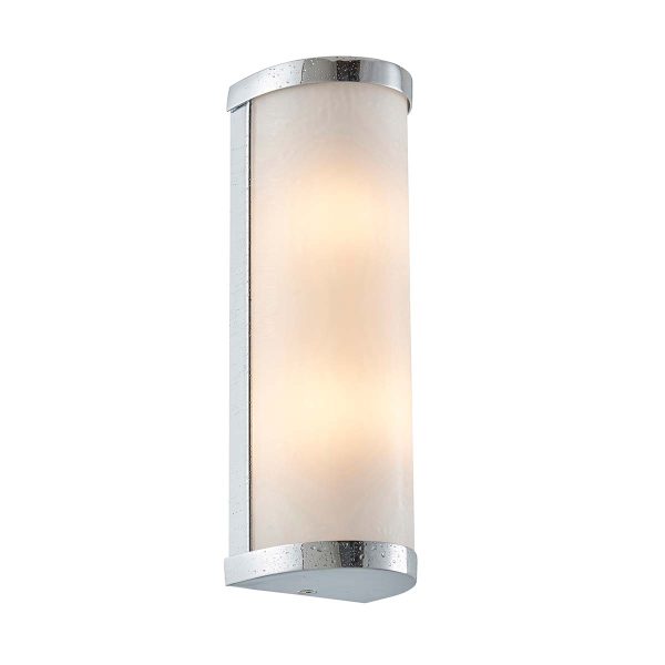 Ice modern bathroom wall light in polished chrome on white background lit