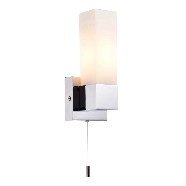 Square modern switched bathroom wall light in polished chrome on white background lit