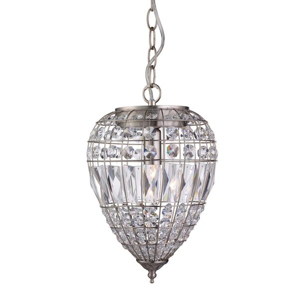 Pineapple single light pendant in satin silver with crystal glass on white background