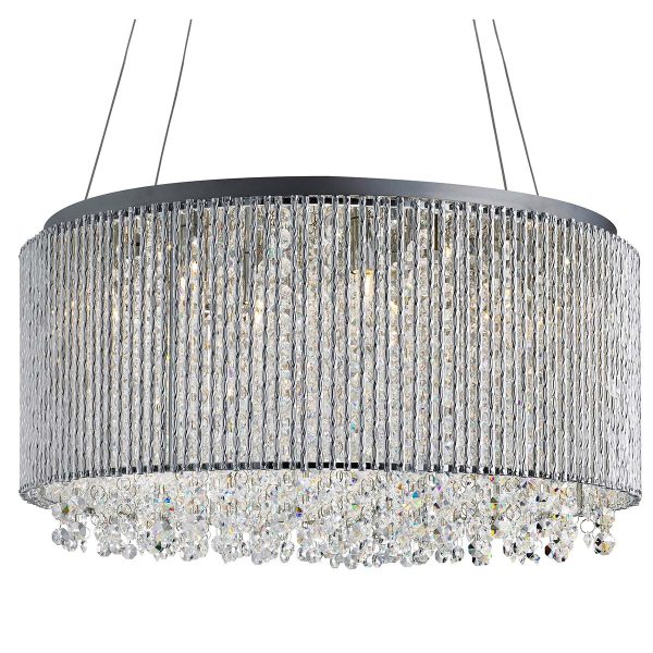 Elise 8 light drum pendant in polished chrome with crystal glass on white background