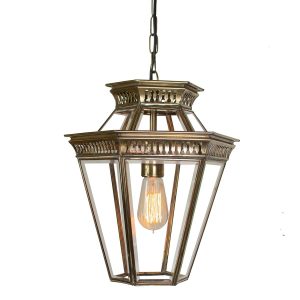 Edwardian style hanging outdoor porch lantern in solid brass in antique finish