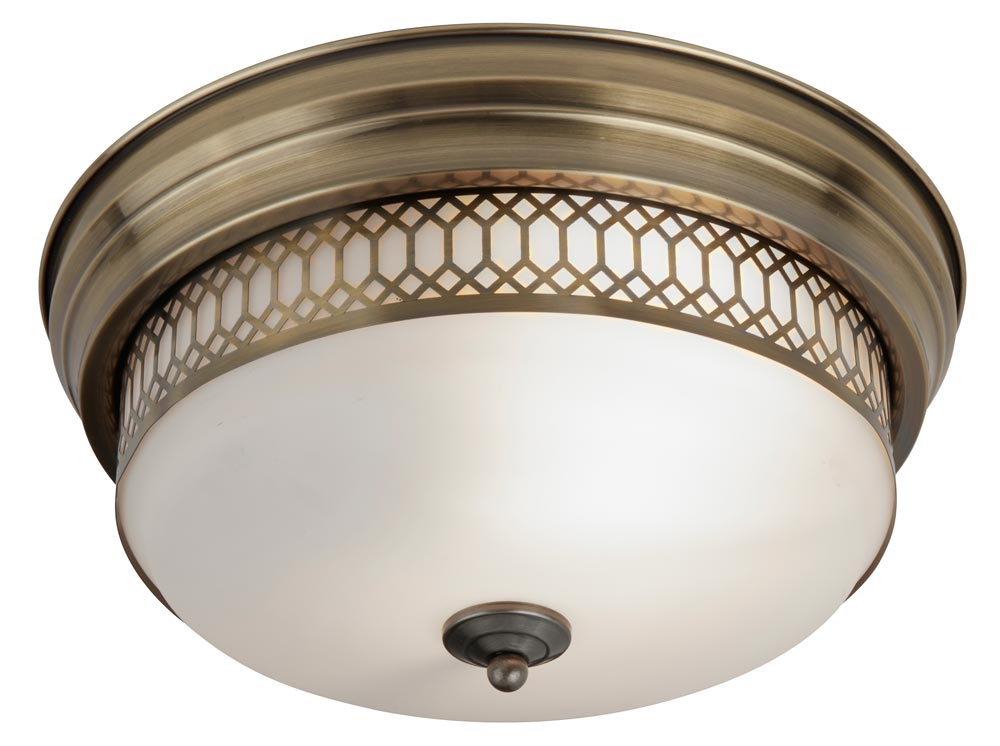 Edinburgh Flush Bathroom Ceiling 2 Light Antique Brass Opal Glass