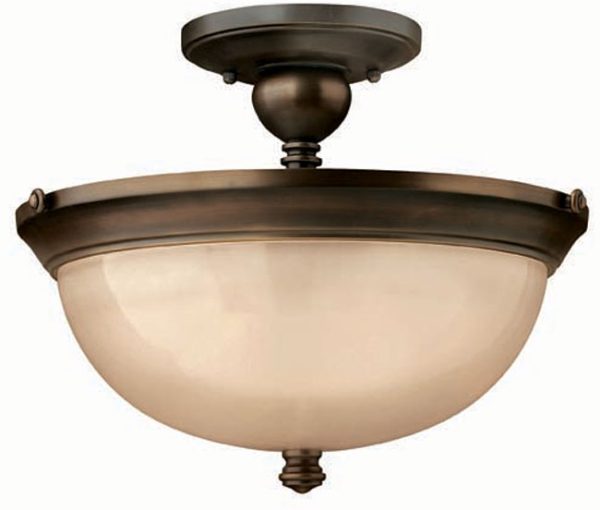 Hinkley Mayflower Olde Bronze 3 Light Semi Flush Amber Glass Bowl