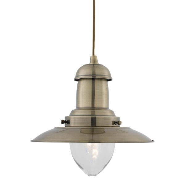 Fisherman classic antique brass pendant light with clear glass shade on white background