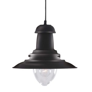 Fisherman matt black pendant light with clear glass shade on white background