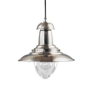 Fisherman classic satin silver pendant light with clear glass shade on white background