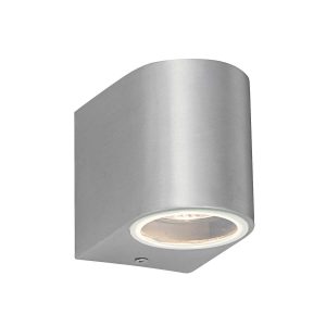 Doron 1 light outdoor wall light in brushed aluminium on white background