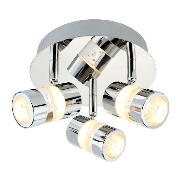 Bubbles LED 3 light bathroom spotlight plate in polished chrome on white background lit