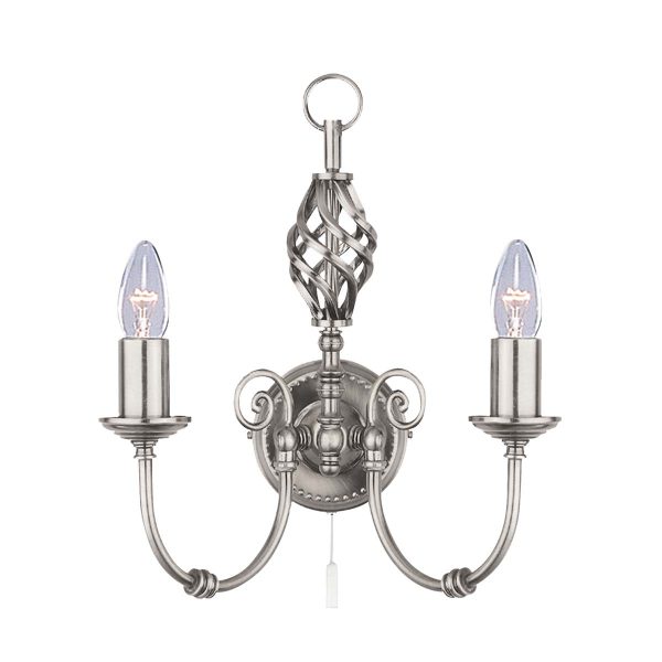 Zanzibar traditional switched twin wall light in satin silver on white background