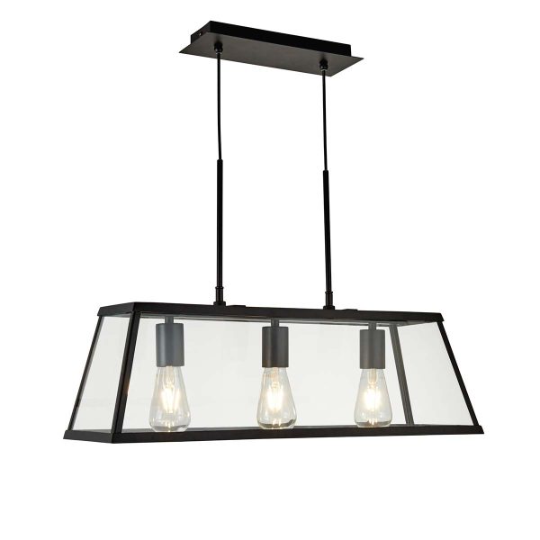 Voyager industrial 3 light pendant lantern in matt black full height on white background