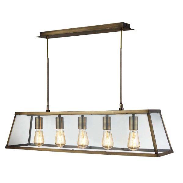 Voyager industrial 5 light pendant lantern in antique brass on white background