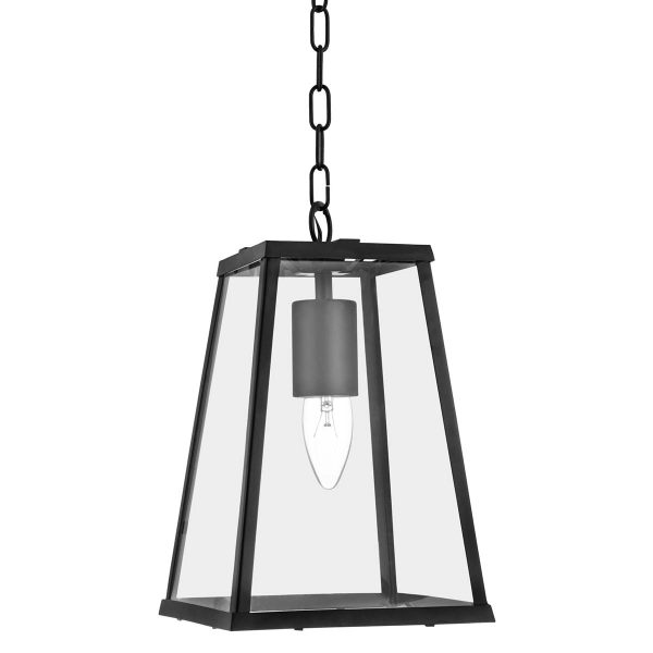Voyager single light pendant lantern in matt black on white background