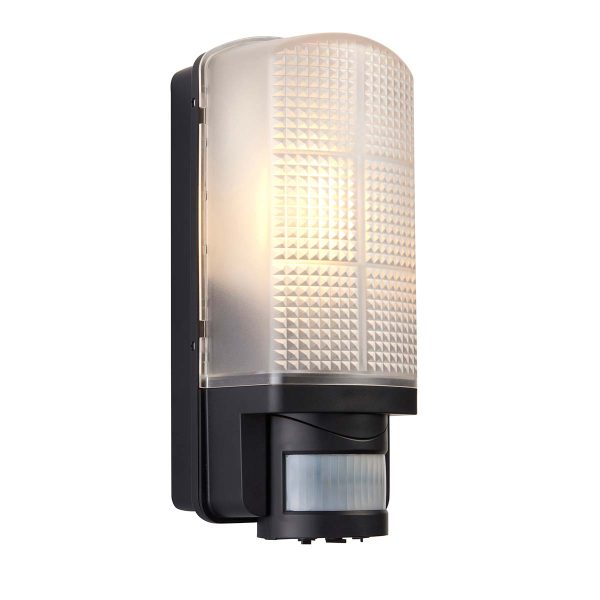 Motion outdoor bulkhead PIR wall light in black on white background lit