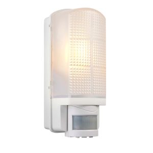 Motion outdoor bulkhead PIR wall light in white on white background lit