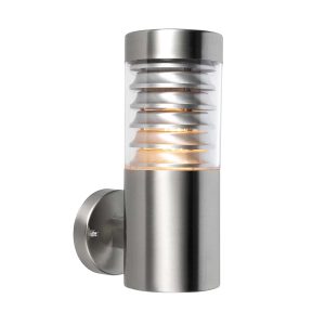 Equinox outdoor wall light in brushed 316L stainless steel on white background lit