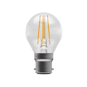 Dimmable clear 3.3w warm white Filament LED golf ball light bulb with a BC-B22 base.