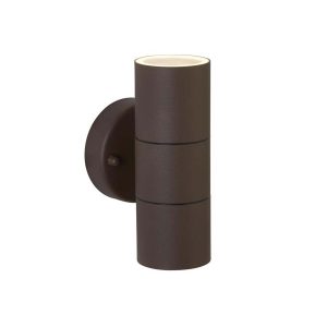 Metro stainless steel 2 light outdoor wall spot light in rust brown on white background lit