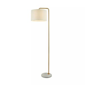 Hangman 1 light gold finish floor lamp with marble base and white shade on white background, lit.