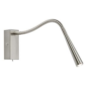 Madison modern switched LED wall reading light in satin chrome on white background