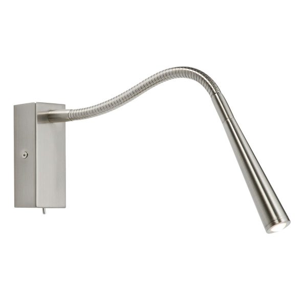 Madison modern switched LED wall reading light in satin chrome on white background