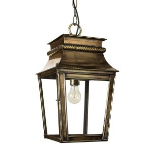 Parisienne small 1 light hanging porch chain lantern solid brass shown in aged finish