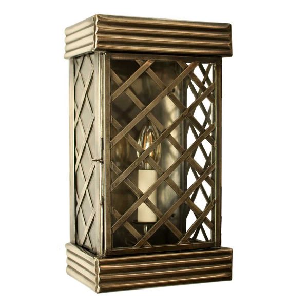 Ivy small 1 light handmade outdoor wall lantern in solid brass, shown finished in light antique