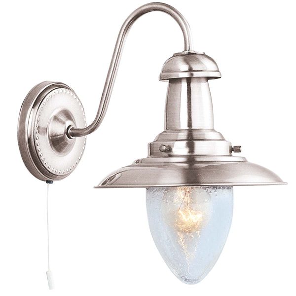 Fisherman switched wall light in satin silver on white background