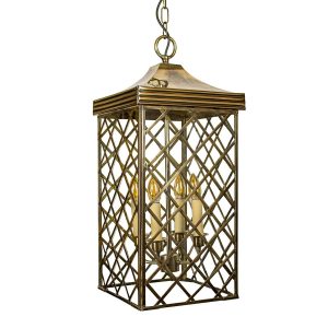 Ivy large 4 light handmade hanging porch lantern in solid brass, shown in light antique