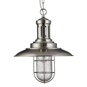 Fisherman satin silver pendant light with seeded glass shade on white background