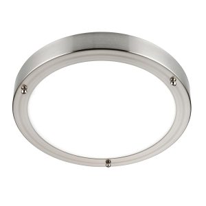 Portico 9w cool white LED bathroom ceiling light in satin nickel on white background lit