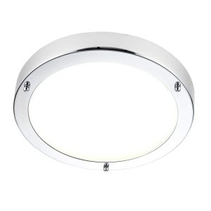 Portico 9w cool white LED bathroom ceiling light in chrome on white background lit