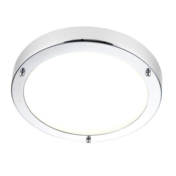 Portico 9w cool white LED bathroom ceiling light in chrome on white background lit