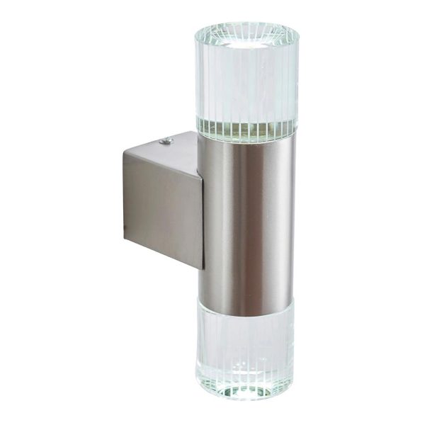 Grant stainless steel outdoor LED wall light with crystal glass and rated IP44, on white background, lit.
