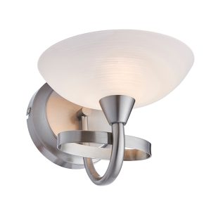 Cagney single modern wall light in satin chrome with white glass shade on white background, lit.