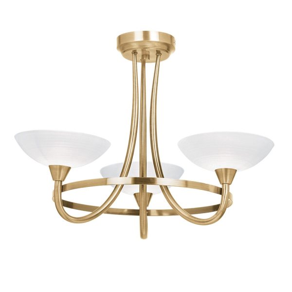 Cagney modern 3 light semi flush ceiling light in antique brass finish with white glass shades on white background, lit.