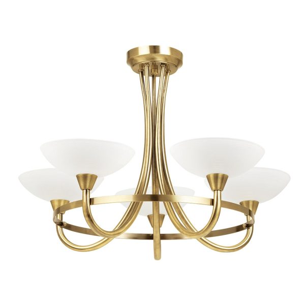 Cagney modern 5 light semi flush ceiling light in antique brass finish with white glass shades, on white background, lit.