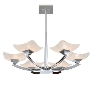 Ayers polished chrome art deco style 6 lamp semi-flush ceiling light, on white background, lit.