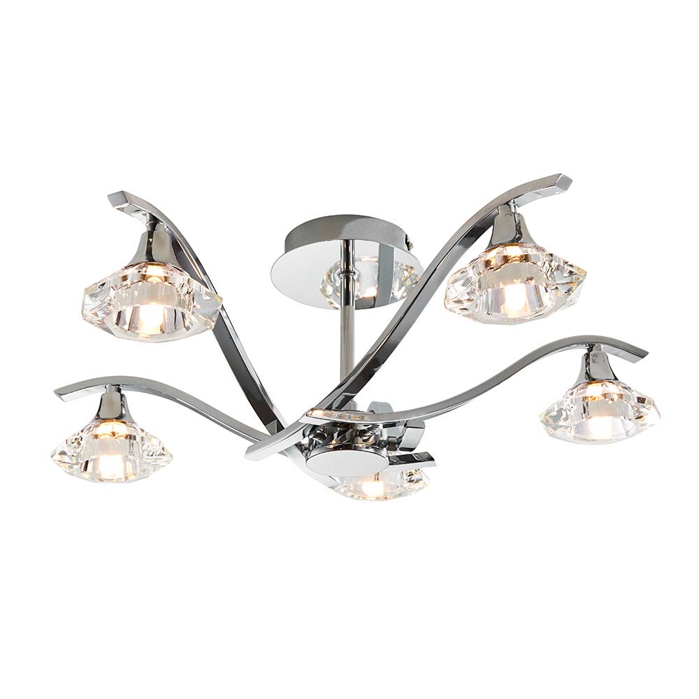 Langella Modern Chrome 5 Light Semi Flush Cut Glass Shades