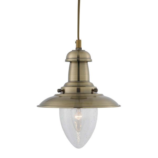 Fisherman baby pendant light in antique brass on white background